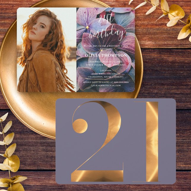 Convites Foto do aniversário de 21 anos de Hydrangeas Azul  (Front / Back)