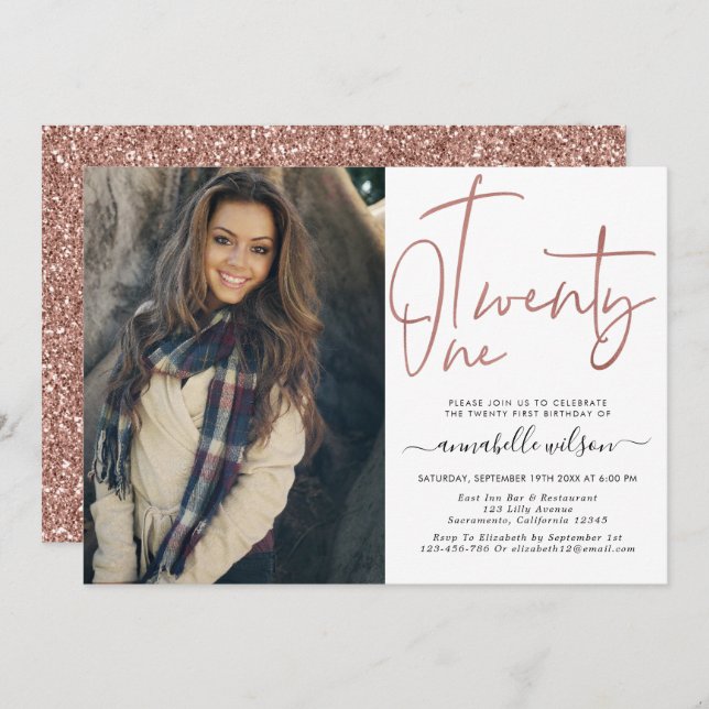 Convites Foto do aniversário de 21 anos Dourado do Rosa mod (Frente/Verso)