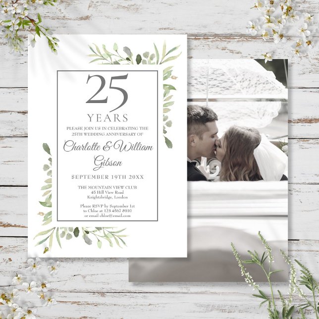 Convites Foto do aniversário de 25 anos de casamento com fo (25th Silver Anniversary Wedding Photo Greenery Invitation)