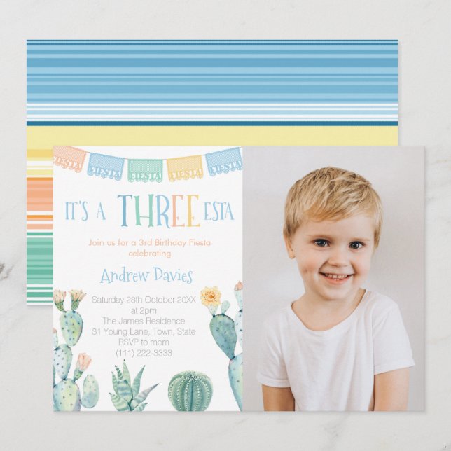 Convites Foto do aniversário de 3 anos de Tema Mexicano Trê (Frente/Verso)