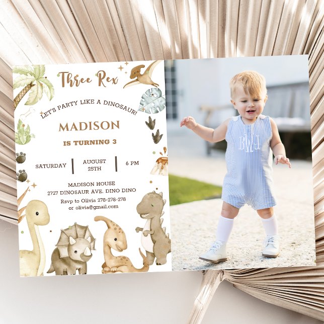 Convites Foto do aniversário de 3 anos do Dinossaur Três Re (Criador carregado)
