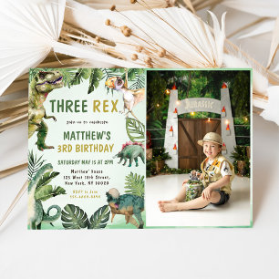Convites Foto do aniversário de 3 anos do Dinossaur Três Re