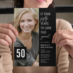 Convites Foto do aniversário de 50 anos preto e branco