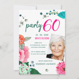 Convites Foto do Aniversário de 60 Anos com Tema Floral Bri