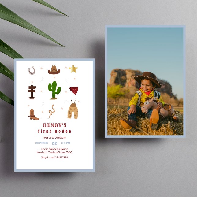 Convites Foto do Aniversário de criança Blue First Rodeo Co (Criador carregado)