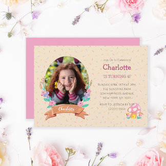 Convites Foto do Aniversário de criança Floral Wreath Cream