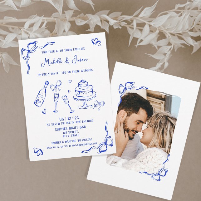 Convites Foto do Arco Desenhado da Mão Azul Retro Moderno (blue ink hand drawn doodles wedding cake, champagne, bows, hearts...)
