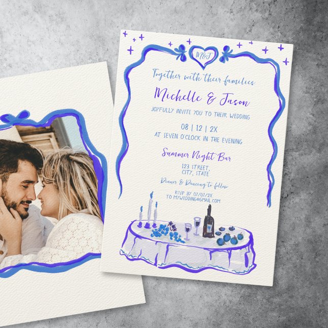 Convites Foto do Arco Desenhado da Mão Branca Retro Azul Fr (whimsical hand drawn french blue dinner table with bow frame for your wedding invitation)