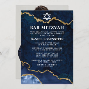 Convites Foto do Bar Azul Dourado moderno, Elegante Mitzvah
