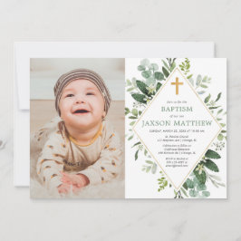 Convites Foto do batismo do eucalipto verde de ouro moderno