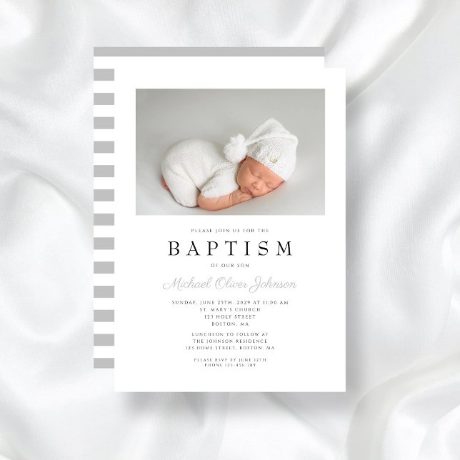 Convites Foto do Batismo do Menino das Cinzas Modernas (Modern Gray Stripes Boy Baptism Photo Invitation)