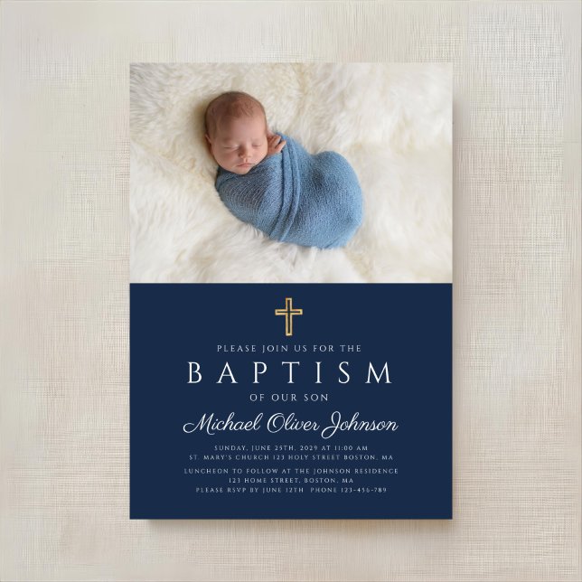 Convites Foto do Batismo Elegante Blue Religião Cross Boy (Elegant Blue Religious Cross Boy Baptism Photo Invitation)