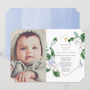 Convites Foto do batismo primavera branco azul floral doura
