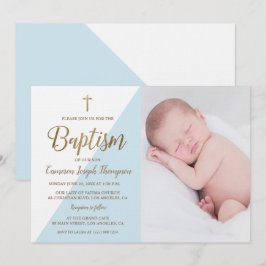 Convites Foto do bebê Dourado Batismo Branco Azul