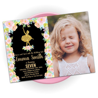 Convites Foto do Black Glitter Ballerina Birthday Invances