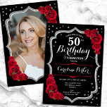 Convites Foto do Black Silver Rosa vermelha 50º aniversário<br><div class="desc">Elegante convite de 50 anos florais com sua foto no fundo do cartão. Design preto e vermelho de vidro com prata brilhante. Apresenta rosa vermelha, fonte de script e confetti. Perfeito para uma festa de comemoração de na moda adulto. Personalize com seus próprios detalhes. Pode ser personalizado para qualquer idade!...</div>