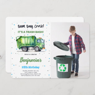 Convites Foto do Caminhão de Lixo Verde e Preto