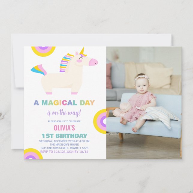 Convites Foto do Cartoon Rainbow Unicorn Birthday Invtions (Frente)