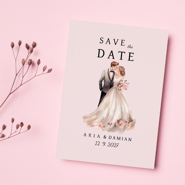 Convites Foto do casal floral da cinza rosa esbranquiçada S (Blush pink gray floral couple photo Save the Date )