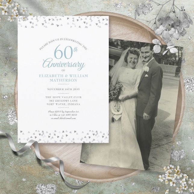 Convites Foto do casamento 60º aniversário Corações Confett (Wedding Photo 60th Anniversary Hearts Confetti Invitation)