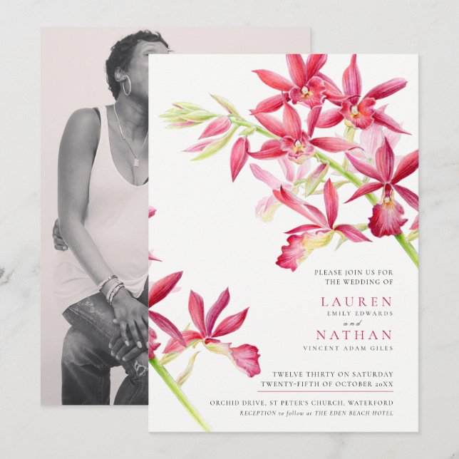 Convites Foto do casamento botânico da orquídea vermelha (Frente/Verso)