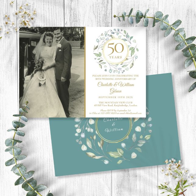 Convites Foto do Casamento de 50 Anos com Flores e Verduras (50th Anniversary Wedding Photo Floral Greenery Invitation)