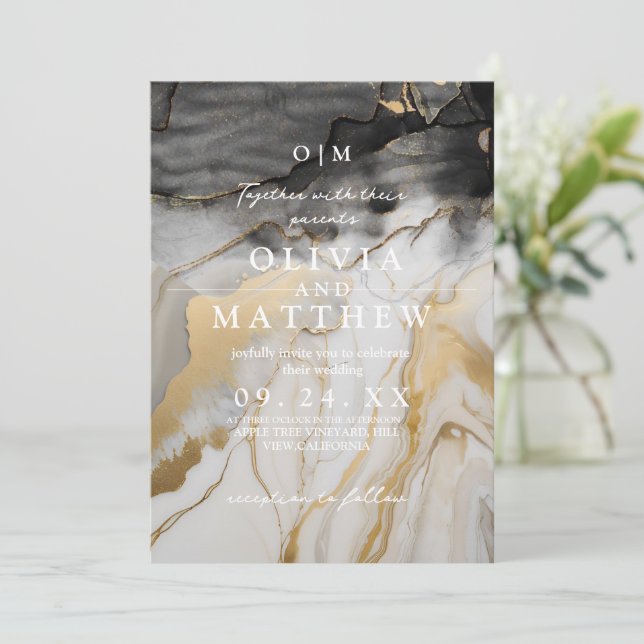 Convites Foto do Casamento de Mármore Negro e Ouro (Em pé/Frente)
