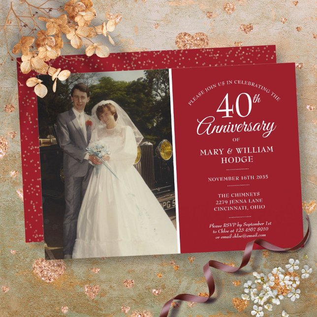Convites Foto do Casamento do 40º Aniversário Confetes Rubi (40th Anniversary Wedding Photo Ruby Confetti Invitation)
