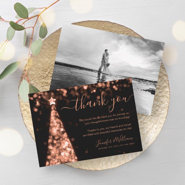 Convites Foto do casamento Dourado da Árvore Festiva (Festive Tree Rose Gold Wedding Photo Thank You Invitation)