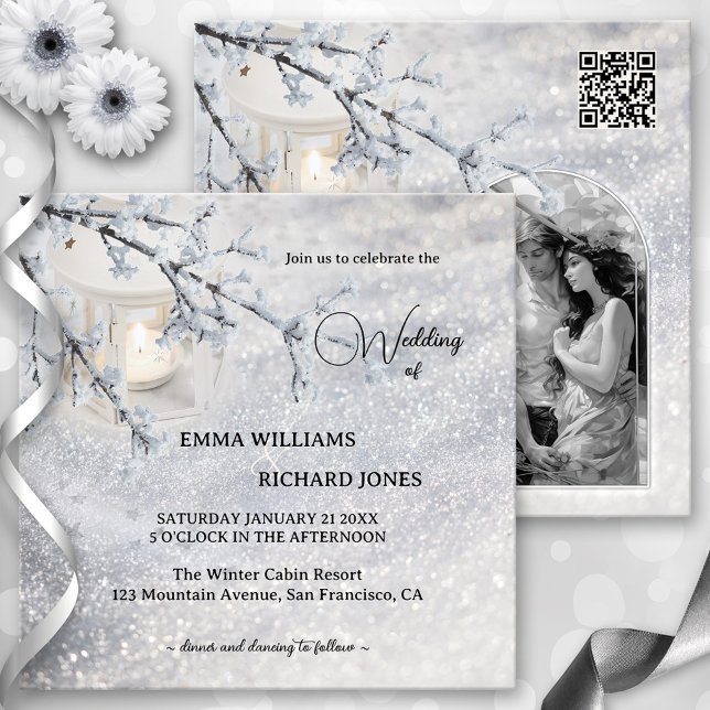 Convites Foto do Casamento no inverno Lanterna de Neve Espu (Winter wedding invitation with a lantern in sparkling snow with a tree branch, QR code and photo)
