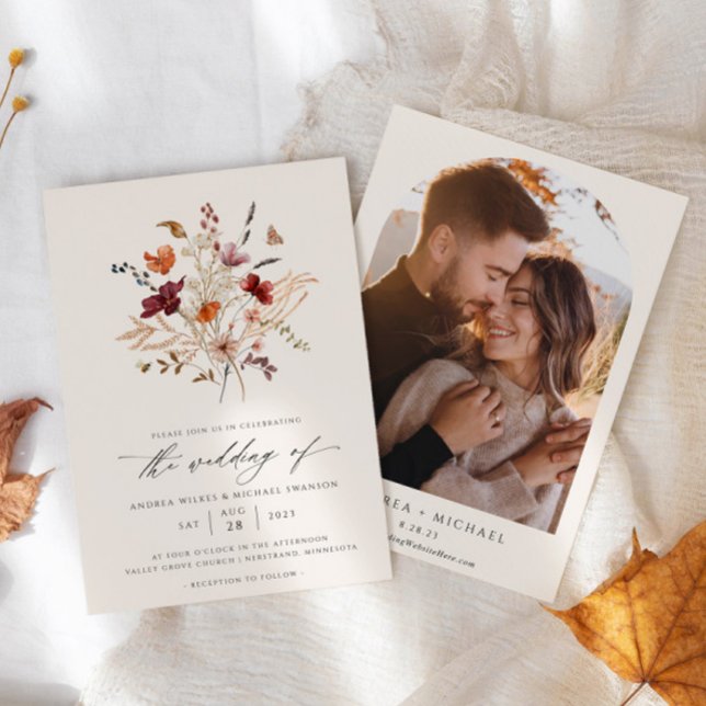 Convites Foto do Casamento outono Elegante Boho Wildflower (Boho Wildflower Wedding Invitation Fall Bouquet)