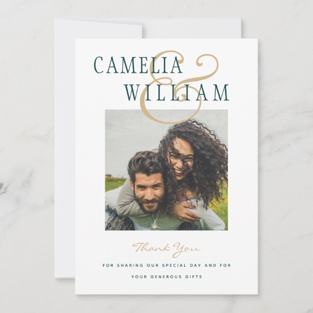 Convites Foto do Casamento Verde de Peacock Teal Obrigado (Frente)