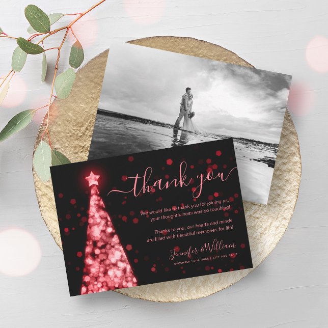 Convites Foto do Casamento Vermelho Negro Festivo Tree Obri (Festive Tree Red Black Wedding Photo Thank You Invitation)