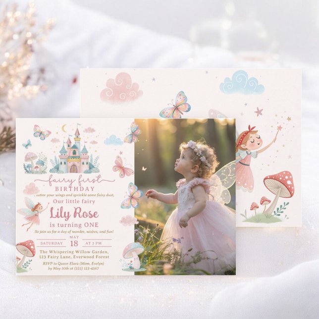 Convites Foto do Castelo Whimsical Rosa de Primeiro Anivers (Fairy First Birthday Pink Whimsical Castle Photo Invitation)