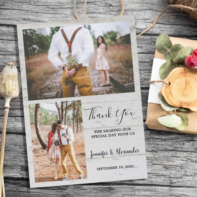 Convites Foto do celeiro russo do país Obrigado casamento (Rustic country barn wood photo Thank You wedding card. You can add your own photos to personalize.)