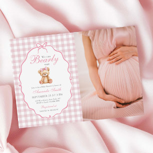 Convites Foto do Chá de fraldas Gingham Teddy Bear, Arco ro