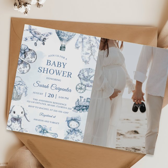 Convites Foto do Chá de fraldas Toile De Jouy Blue Boy (Criador carregado)