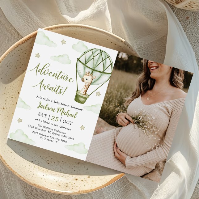 Convites Foto do Chá de fraldas Verde Giraffe Hot Air Ballo (Criador carregado)