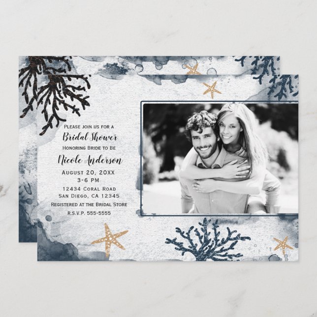 Convites Foto do Chá de panela de Aquarela Náutica Azul (Frente/Verso)