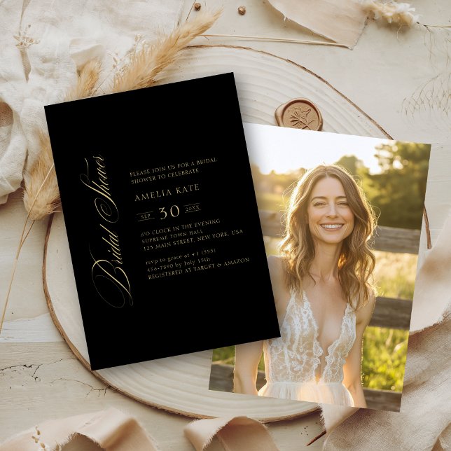 Convites Foto do Chá de panela de Script Whimsy Preto e Dou (Criador carregado)