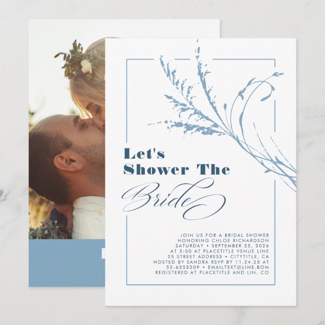 Convites Foto do Chá de panela Dusty Blue Pampas Grass Boho (Frente/Verso)