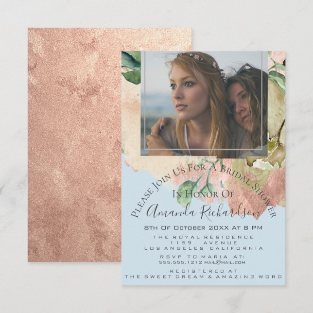 Convites Foto do chá de panela Floral Birthday Blue Peach (Frente/Verso)