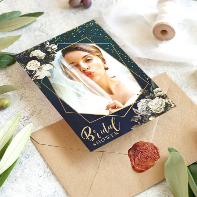 Convites Foto do Chá de panela Romântico Floral Dourado Wre (Criador carregado)