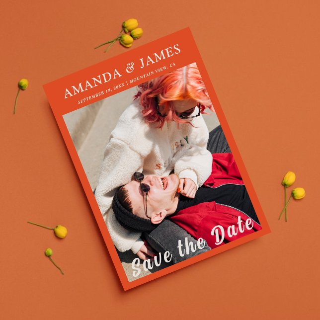 Convites Foto do Cheio Casal Laranja na moda para salvar a  (Criador carregado)