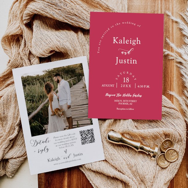 Convites Foto do Código QR de Casamento de Boho Magenta Mod (Criador carregado)