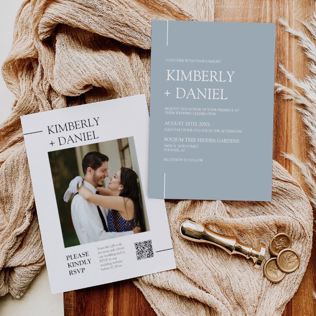 Convites Foto do Código QR de Casamento Mínimo do Dusty Blu (Criador carregado)