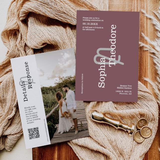 Convites Foto do Código QR de Casamento Mínimo Roxo Moderno (Criador carregado)