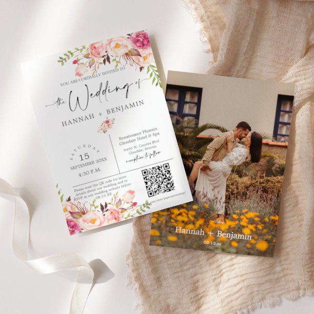 Convites Foto do Código QR de Script Mínimo Boho Floral Wed (Criador carregado)