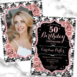 Convites Foto do Damask do rosa Dourado 50º aniversário<br><div class="desc">Elegante convite de 50 anos florais com sua foto no fundo do cartão. Design preto e cor-de-vidro com ouro rosa de brilho sujo. Apresenta cor damasco preta e branca, rosas cor-de-rosa pinceladas, fontes de script e confetti. Perfeito para uma festa de comemoração de na moda adulto. Personalize com seus próprios...</div>