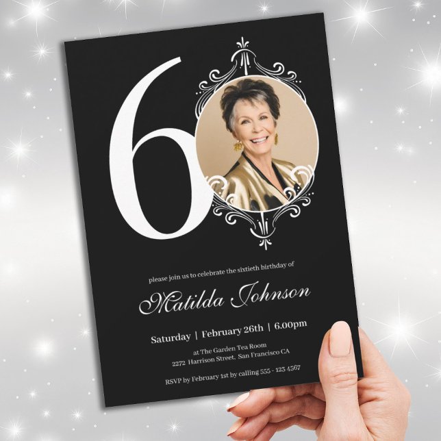 Convites Foto do Elegante Branco Negro 60º aniversário (60th Birthday White Black Elegant Custom Photo Invitation)